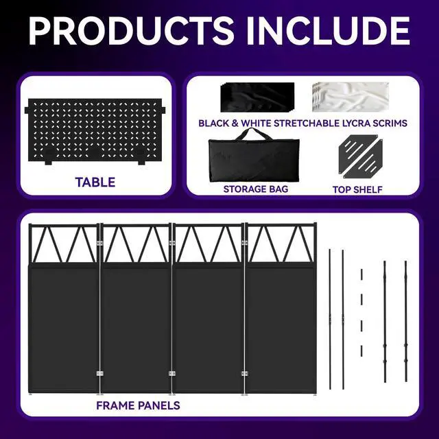 Alt view image 6 of 7 - Portable DJ Booth,Foldable DJ Table Stand with Light Stand White & Black Scrim,Adjustable DJ Facade Booth Station Triangle Plate Metal Frame DJ Table with Cable Hole for Private Events, Clubs, Bars
