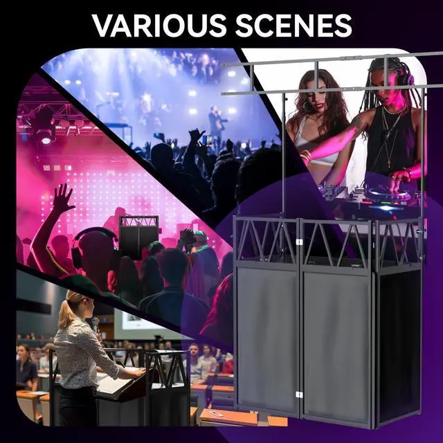 Alt view image 7 of 7 - Portable DJ Booth,Foldable DJ Table Stand with Light Stand White & Black Scrim,Adjustable DJ Facade Booth Station Triangle Plate Metal Frame DJ Table with Cable Hole for Private Events, Clubs, Bars