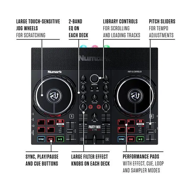Alt view image 5 of 7 - DJ Controller Bundle - DJ Set with Built in Speakers, Party Lights, DJ Mixer, Audio Interface and DJ Headphones - Party Mix Live and HF175