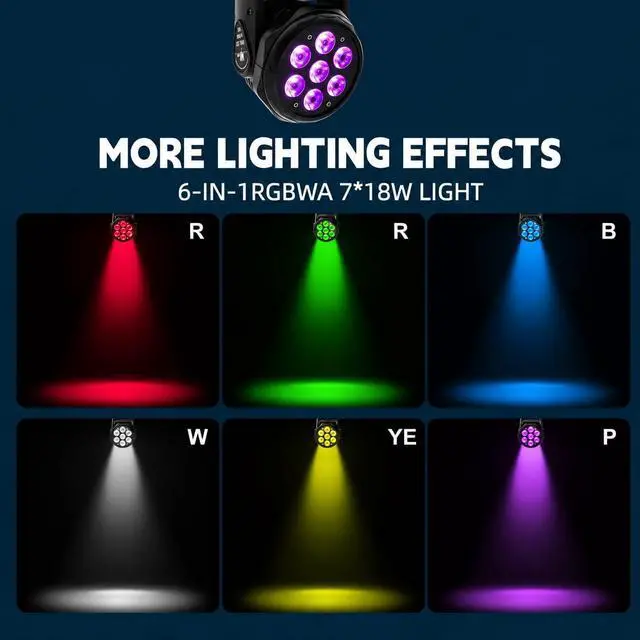 Alt view image 2 of 4 - Moving Head Light 7 x 18W 6 in 1 LED RGBWA+UV Stage DJ Lights | DMX& Sound Activated, 9/14 CH, 540° Pan & 180° Tilt, Wash Light for Party, Weddings, Clubs, Concerts, Bars and Events