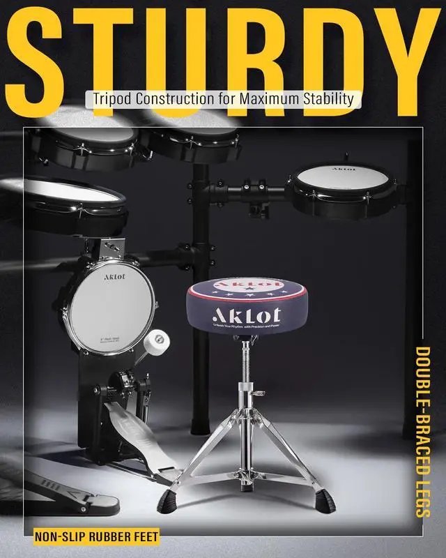 Alt view image 2 of 7 - Graphic Round-Top Drum Throne: Height Adjustable Drum Stool, with Thickened Sponge Seat, Bold Yet Edgy Graphic Throne, 5A and 7A Drumsticks, Sturdy Tripod Base with Non-Slip Rubber Feet (TR-ST)
