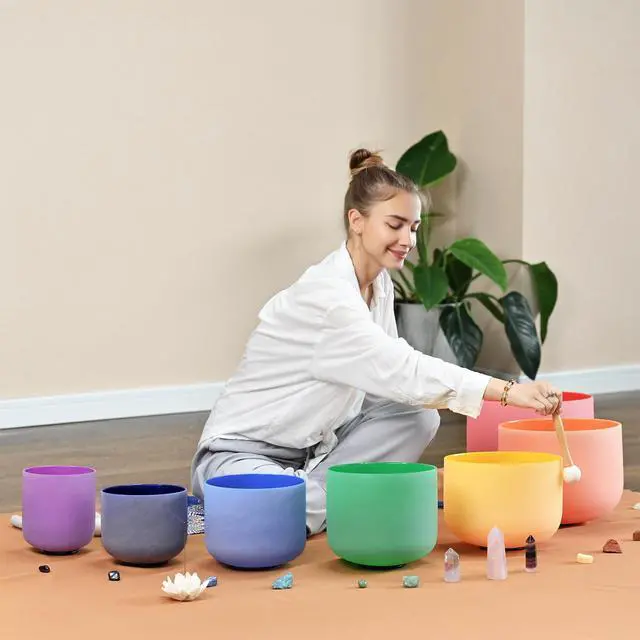 Alt view image 3 of 6 - Crystal Singing Bowl 440HZ 6-12 Inch 7 Colored | Quartz Frosted Chakra Sound Bowl Colorful Healing Instrument with 2 PCS Travel Carry Case Bag for Meditation