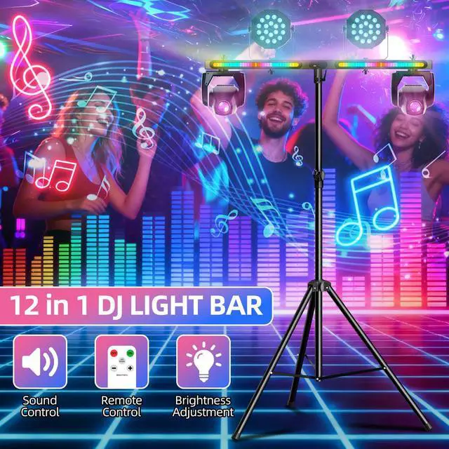 Alt view image 2 of 7 - DJ Lights Stand, Heavy Duty DJ Stand T Bar with Light, 55-100 Inch Portable Par Can Tripod Stage Light Stand Adjustable Height, 12 in 1 RGB Rechargeable T-Bar for Stages, Banquet, Party
