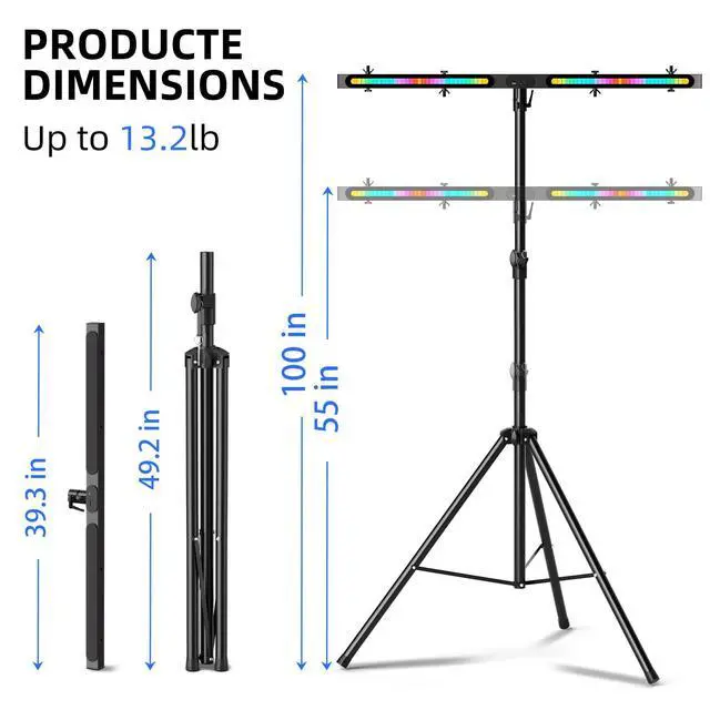 Alt view image 7 of 7 - DJ Lights Stand, Heavy Duty DJ Stand T Bar with Light, 55-100 Inch Portable Par Can Tripod Stage Light Stand Adjustable Height, 12 in 1 RGB Rechargeable T-Bar for Stages, Banquet, Party