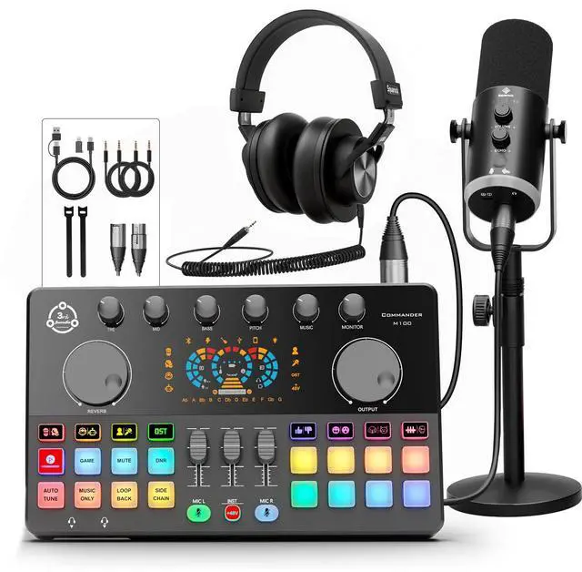 Main image of Podcast Equipment Bundle, RGB Audio Interface Mixer with Dynamic XLR/USB Microphone, Desktop Stand, Noise Reduction, Voice Changer, for Vocal Recording, Podcasting, Streaming, Gaming,TikTok