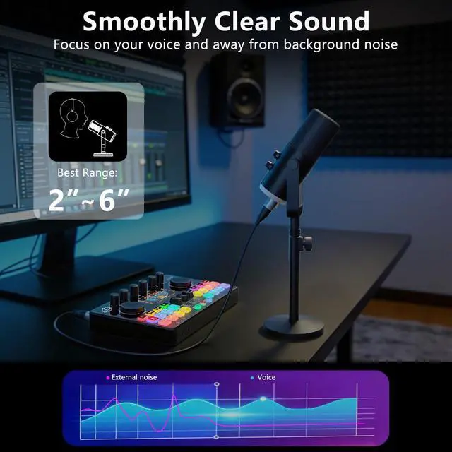 Alt view image 3 of 7 - Podcast Equipment Bundle, RGB Audio Interface Mixer with Dynamic XLR/USB Microphone, Desktop Stand, Noise Reduction, Voice Changer, for Vocal Recording, Podcasting, Streaming, Gaming,TikTok