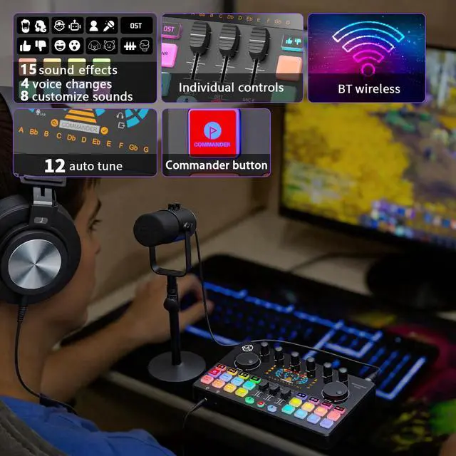 Alt view image 4 of 7 - Podcast Equipment Bundle, RGB Audio Interface Mixer with Dynamic XLR/USB Microphone, Desktop Stand, Noise Reduction, Voice Changer, for Vocal Recording, Podcasting, Streaming, Gaming,TikTok