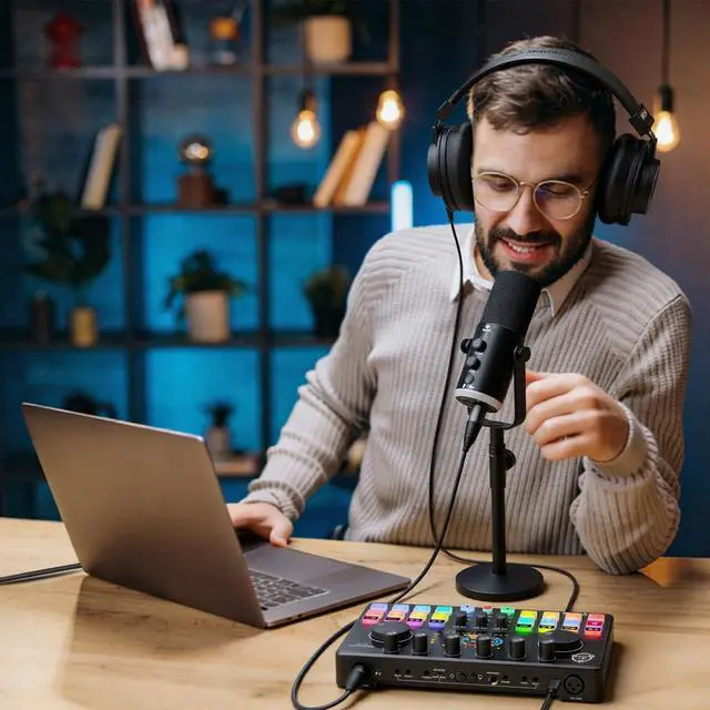 Alt view image 5 of 7 - Podcast Equipment Bundle, RGB Audio Interface Mixer with Dynamic XLR/USB Microphone, Desktop Stand, Noise Reduction, Voice Changer, for Vocal Recording, Podcasting, Streaming, Gaming,TikTok