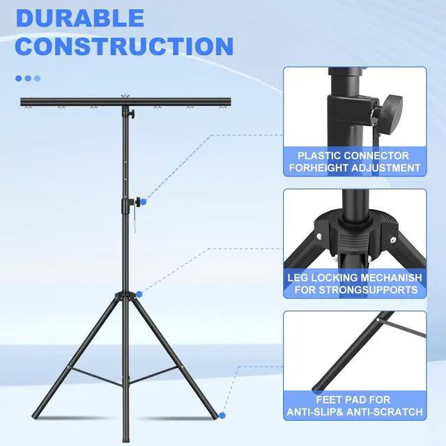 Alt view image 2 of 7 - DJ Lights Stand with Round T Bar, Heavy Duty Par Can Tripod for 7 Lights Stage Light Stand Adjustable Height 55-100 Inch, DJ Lighting Suitable for Stages, Bar, Banquet, Party