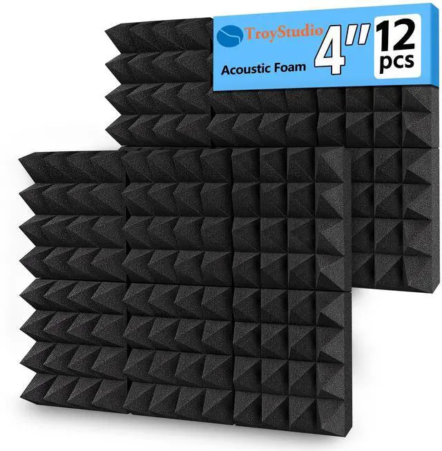 Main image of Thick Acoustic Foam Panels, 12 X 12 X 4 Inch 12 Pcs Broadband Sound Absorbing Foam, Dense Soundproof Padding Tile, Recording Studio Foam Absorber, Pyramid Decorative 3D Wall Ceiling Panel