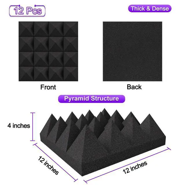 Alt view image 2 of 6 - Thick Acoustic Foam Panels, 12 X 12 X 4 Inch 12 Pcs Broadband Sound Absorbing Foam, Dense Soundproof Padding Tile, Recording Studio Foam Absorber, Pyramid Decorative 3D Wall Ceiling Panel
