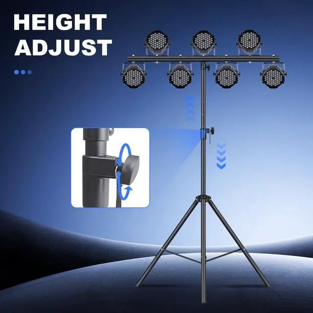 Alt view image 5 of 7 - DJ Lights Stand with Round T Bar, Heavy Duty Par Can Tripod for 7 Lights Stage Light Stand Adjustable Height 55-100 Inch, DJ Lighting Suitable for Stages, Bar, Banquet, Party