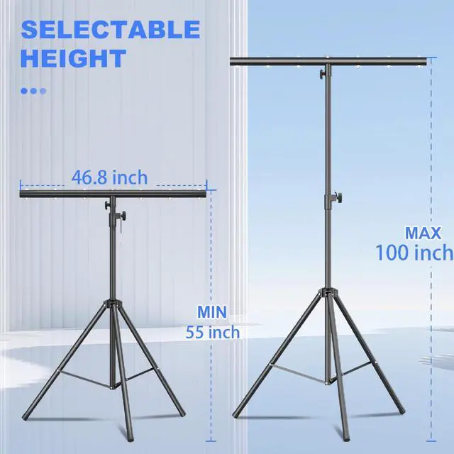 Alt view image 3 of 7 - DJ Lights Stand with Round T Bar, Heavy Duty Par Can Tripod for 7 Lights Stage Light Stand Adjustable Height 55-100 Inch, DJ Lighting Suitable for Stages, Bar, Banquet, Party