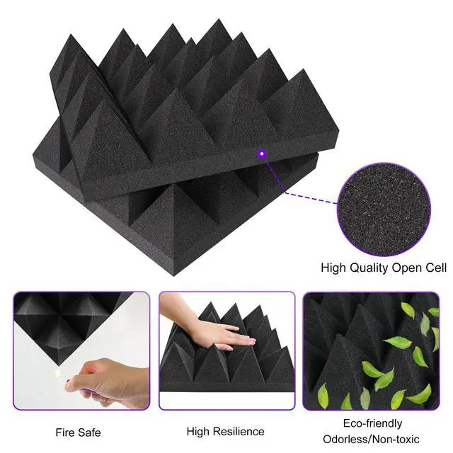 Alt view image 4 of 6 - Thick Acoustic Foam Panels, 12 X 12 X 4 Inch 12 Pcs Broadband Sound Absorbing Foam, Dense Soundproof Padding Tile, Recording Studio Foam Absorber, Pyramid Decorative 3D Wall Ceiling Panel