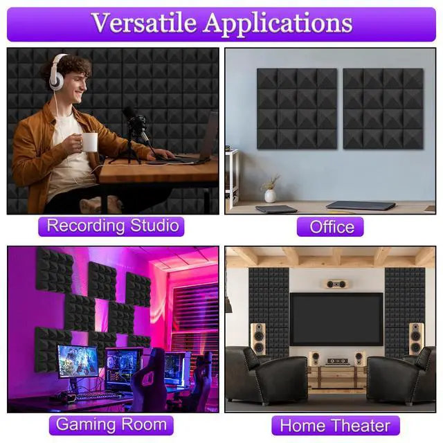 Alt view image 5 of 6 - Thick Acoustic Foam Panels, 12 X 12 X 4 Inch 12 Pcs Broadband Sound Absorbing Foam, Dense Soundproof Padding Tile, Recording Studio Foam Absorber, Pyramid Decorative 3D Wall Ceiling Panel