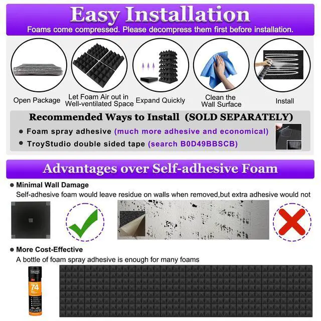 Alt view image 6 of 6 - Thick Acoustic Foam Panels, 12 X 12 X 4 Inch 12 Pcs Broadband Sound Absorbing Foam, Dense Soundproof Padding Tile, Recording Studio Foam Absorber, Pyramid Decorative 3D Wall Ceiling Panel