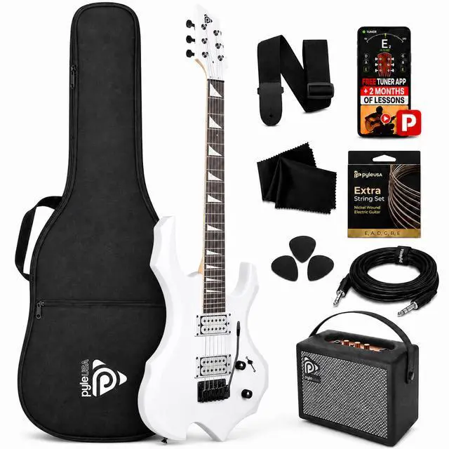 Main image of Heavy Metal EG Fire Electric Guitar Axe w/ Amplifier Kit, Full Size Instrument w/ Practice Amp & Accessories, Metal Axe, White