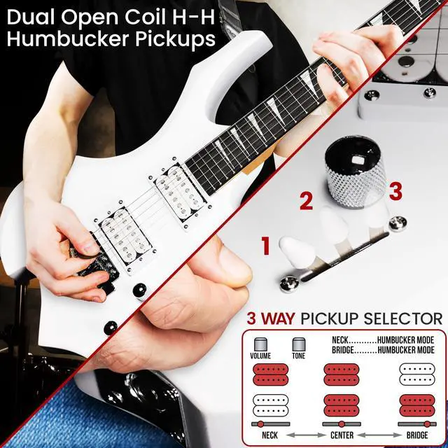 Alt view image 5 of 7 - Heavy Metal EG Fire Electric Guitar Axe w/ Amplifier Kit, Full Size Instrument w/ Practice Amp & Accessories, Metal Axe, White