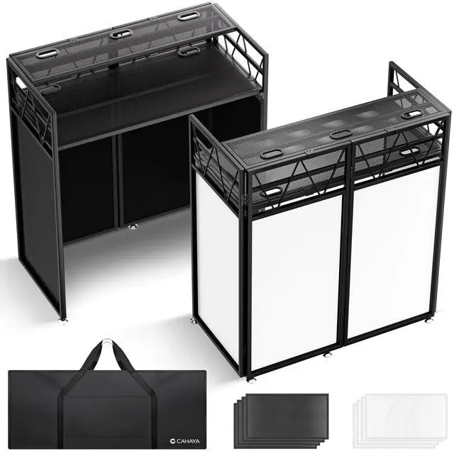 Main image of DJ Booth Stand Portable - DJ Table Facade for Laptop Double Top Storage Height Adjustable with Black & White Scrims DJ Stand Foldable with Storage Bag, Cable Holes, 40.7" L x 19.7" W, Black
