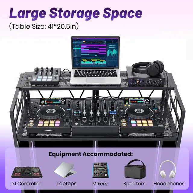 Alt view image 2 of 7 - DJ Booth Stand Portable - DJ Table Facade for Laptop Double Top Storage Height Adjustable with Black & White Scrims DJ Stand Foldable with Storage Bag, Cable Holes, 40.7" L x 19.7" W, Black