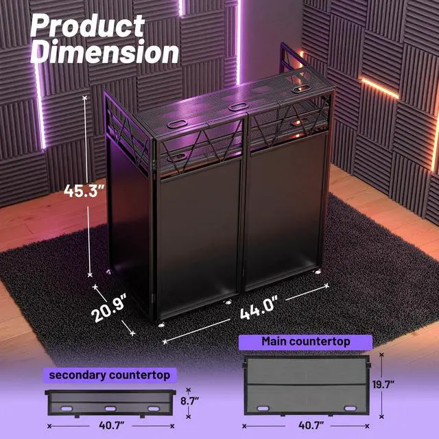 Alt view image 6 of 7 - DJ Booth Stand Portable - DJ Table Facade for Laptop Double Top Storage Height Adjustable with Black & White Scrims DJ Stand Foldable with Storage Bag, Cable Holes, 40.7" L x 19.7" W, Black