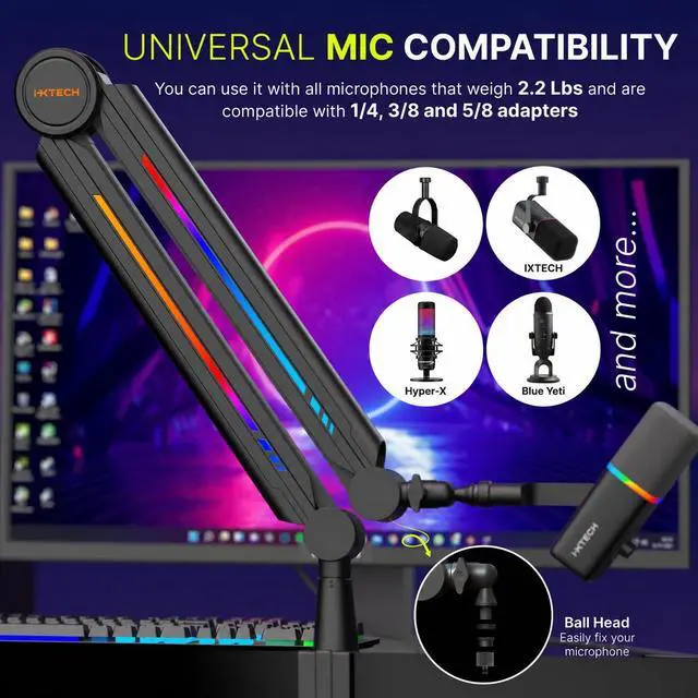 Alt view image 2 of 7 - RGB Mic Boom Arm High Profile, Overhead Boom Arm Microphone Stand Desk Mount, Adjustable Microphone Stand with Desk Mount, Mic Arm for Live Streaming Gaming Podcasting Recording
