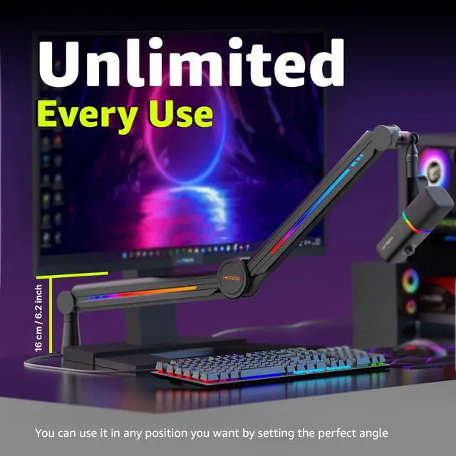 Alt view image 4 of 7 - RGB Mic Boom Arm High Profile, Overhead Boom Arm Microphone Stand Desk Mount, Adjustable Microphone Stand with Desk Mount, Mic Arm for Live Streaming Gaming Podcasting Recording