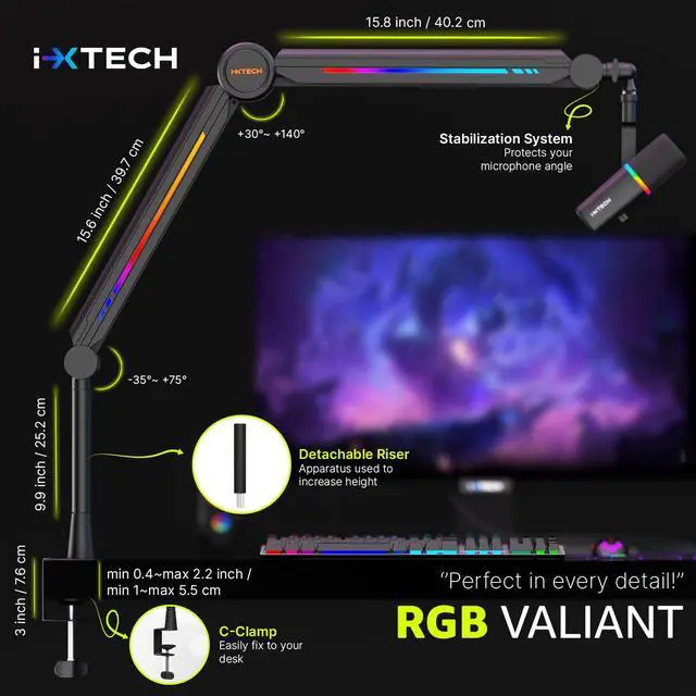 Alt view image 5 of 7 - RGB Mic Boom Arm High Profile, Overhead Boom Arm Microphone Stand Desk Mount, Adjustable Microphone Stand with Desk Mount, Mic Arm for Live Streaming Gaming Podcasting Recording