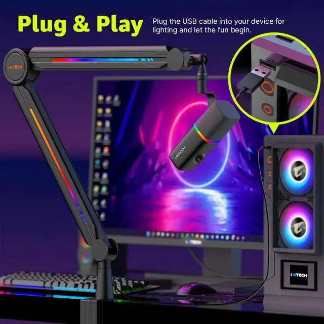 Alt view image 6 of 7 - RGB Mic Boom Arm High Profile, Overhead Boom Arm Microphone Stand Desk Mount, Adjustable Microphone Stand with Desk Mount, Mic Arm for Live Streaming Gaming Podcasting Recording