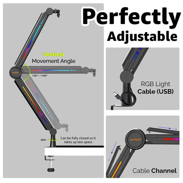 Alt view image 7 of 7 - RGB Mic Boom Arm High Profile, Overhead Boom Arm Microphone Stand Desk Mount, Adjustable Microphone Stand with Desk Mount, Mic Arm for Live Streaming Gaming Podcasting Recording