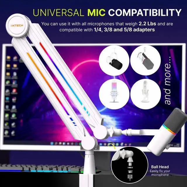 Alt view image 3 of 7 - RGB Mic Boom Arm High Profile, Overhead Boom Arm Microphone Stand Desk Mount, Adjustable Microphone Stand with Desk Mount, Mic Arm for Live Streaming Gaming Podcasting Recording