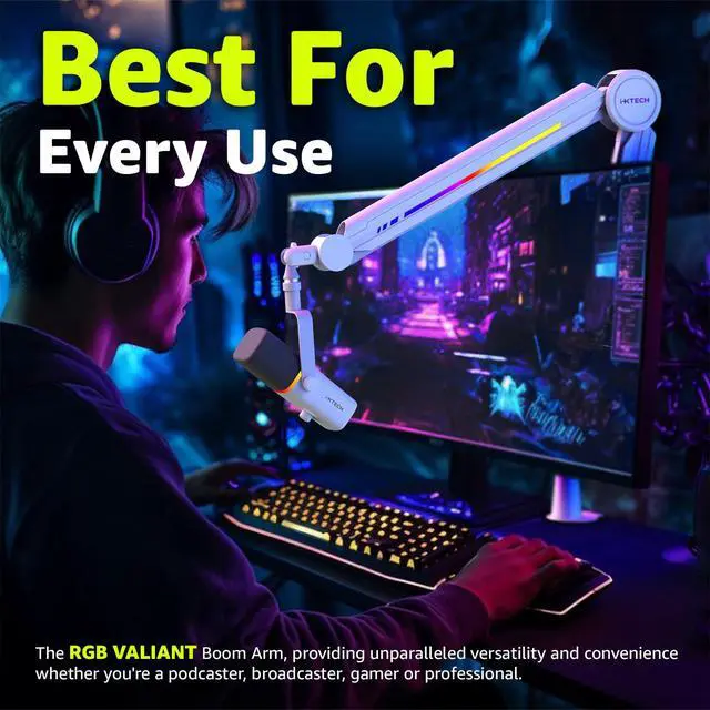Alt view image 4 of 7 - RGB Mic Boom Arm High Profile, Overhead Boom Arm Microphone Stand Desk Mount, Adjustable Microphone Stand with Desk Mount, Mic Arm for Live Streaming Gaming Podcasting Recording