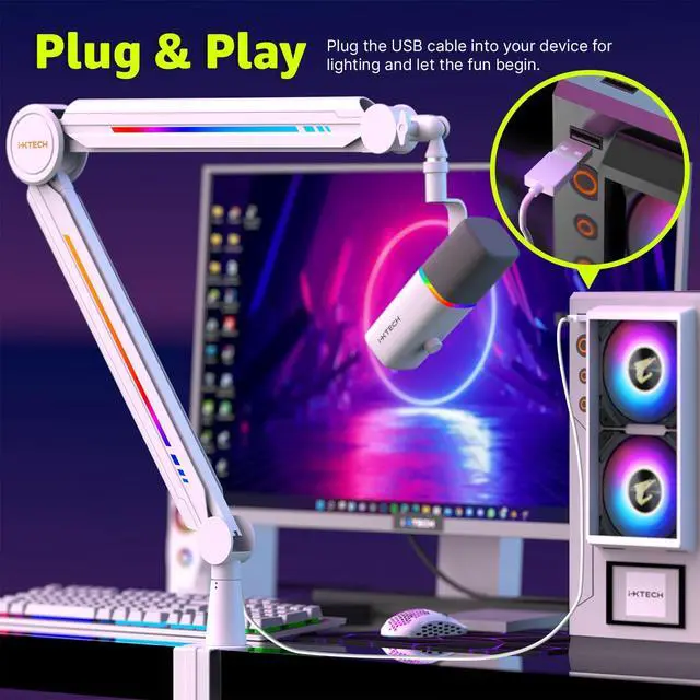 Alt view image 6 of 7 - RGB Mic Boom Arm High Profile, Overhead Boom Arm Microphone Stand Desk Mount, Adjustable Microphone Stand with Desk Mount, Mic Arm for Live Streaming Gaming Podcasting Recording