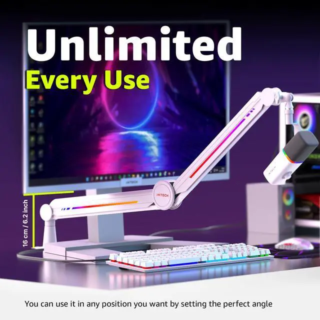 Alt view image 7 of 7 - RGB Mic Boom Arm High Profile, Overhead Boom Arm Microphone Stand Desk Mount, Adjustable Microphone Stand with Desk Mount, Mic Arm for Live Streaming Gaming Podcasting Recording