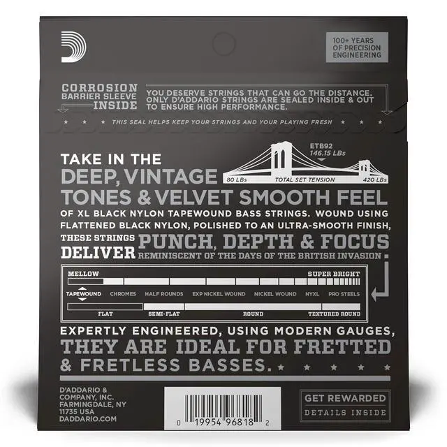 Alt view image 3 of 4 - Tapewound Bass Strings ETB92, 50-105, 4-String, Long Scale | tapewound bass strings deliver smooth feel, deep warm tone, reduced finger noise and dependable tuning stability