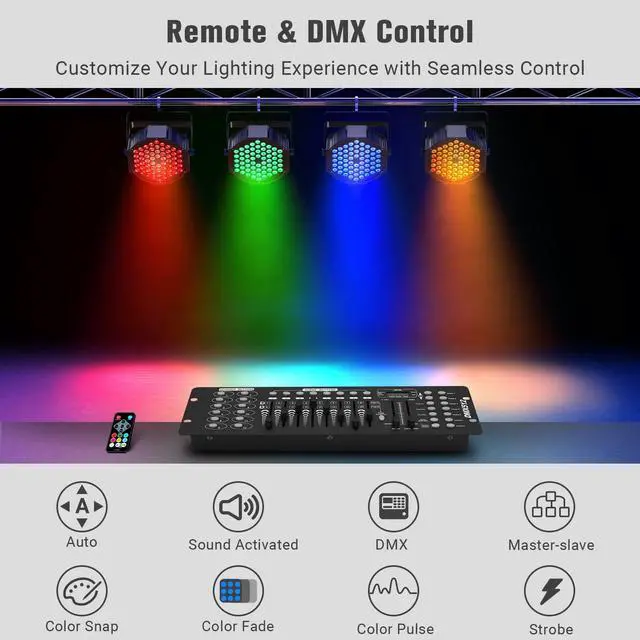 Alt view image 3 of 7 - 60LEDs 90W RGB DJ Par Lights for Home Party 2-Pack | Remote DMX512 Sound Activated Control. Uplights for Events Wedding Church Concert Worldcup Bar Nightclub Stage Band Live Show