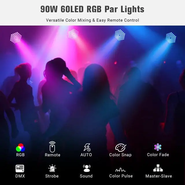Alt view image 4 of 7 - 60LEDs 90W RGB DJ Par Lights for Home Party 2-Pack | Remote DMX512 Sound Activated Control. Uplights for Events Wedding Church Concert Worldcup Bar Nightclub Stage Band Live Show