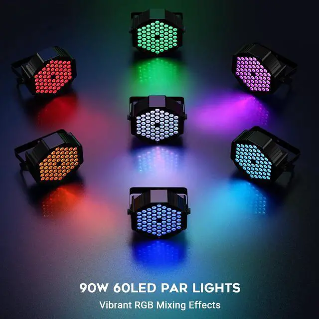 Alt view image 2 of 7 - 60LEDs 90W RGB DJ Par Lights for Home Party 2-Pack | Remote DMX512 Sound Activated Control. Uplights for Events Wedding Church Concert Worldcup Bar Nightclub Stage Band Live Show