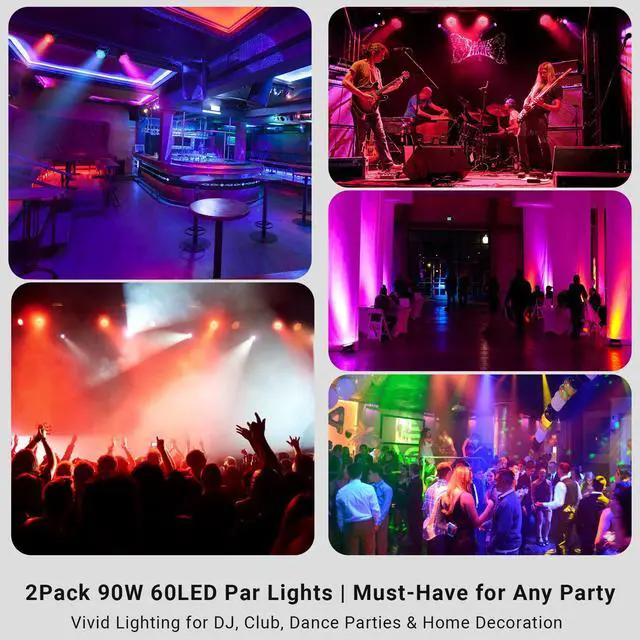 Alt view image 5 of 7 - 60LEDs 90W RGB DJ Par Lights for Home Party 2-Pack | Remote DMX512 Sound Activated Control. Uplights for Events Wedding Church Concert Worldcup Bar Nightclub Stage Band Live Show