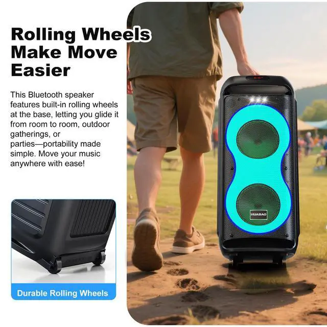 Alt view image 2 of 7 - Bluetooth Karaoke Speaker with 2 Wireless Microphones 40W Portable PA System with LED Lights, TWS Pairing, 6.5 Dual Woofers, Rolling Wheels, Rechargeable Battery - for Party/Home/Outdoor