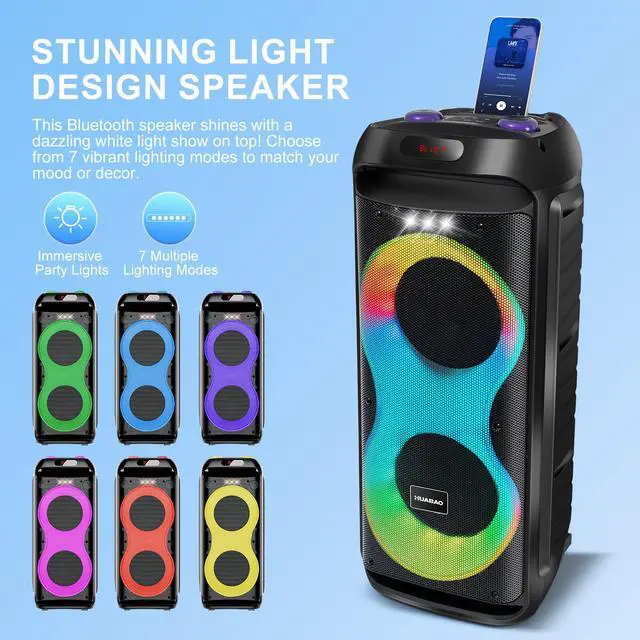 Alt view image 3 of 7 - Bluetooth Karaoke Speaker with 2 Wireless Microphones 40W Portable PA System with LED Lights, TWS Pairing, 6.5 Dual Woofers, Rolling Wheels, Rechargeable Battery - for Party/Home/Outdoor
