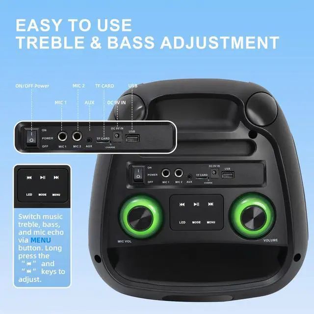 Alt view image 5 of 7 - Bluetooth Karaoke Speaker with 2 Wireless Microphones 40W Portable PA System with LED Lights, TWS Pairing, 6.5 Dual Woofers, Rolling Wheels, Rechargeable Battery - for Party/Home/Outdoor