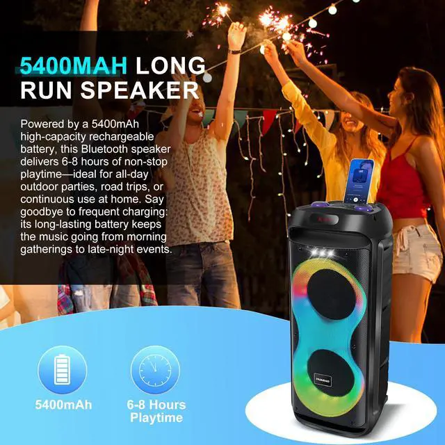 Alt view image 4 of 7 - Bluetooth Karaoke Speaker with 2 Wireless Microphones 40W Portable PA System with LED Lights, TWS Pairing, 6.5 Dual Woofers, Rolling Wheels, Rechargeable Battery - for Party/Home/Outdoor