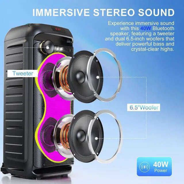 Alt view image 6 of 7 - Bluetooth Karaoke Speaker with 2 Wireless Microphones 40W Portable PA System with LED Lights, TWS Pairing, 6.5 Dual Woofers, Rolling Wheels, Rechargeable Battery - for Party/Home/Outdoor