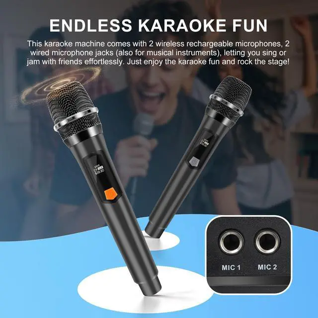 Alt view image 7 of 7 - Bluetooth Karaoke Speaker with 2 Wireless Microphones 40W Portable PA System with LED Lights, TWS Pairing, 6.5 Dual Woofers, Rolling Wheels, Rechargeable Battery - for Party/Home/Outdoor