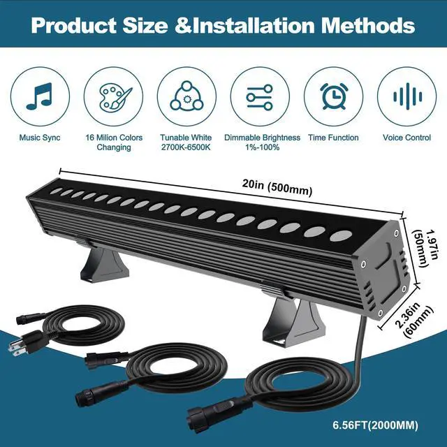 Alt view image 4 of 7 - Smart Wall Washer Light Bar 20in RGBCW Linkable Waterproof LED Light for Indoors/Outdoors with App/Voice Control, 16M Colors, Dimmable, Music Sync, 50 Scene Modes, Timer, AC120V