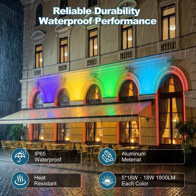 Alt view image 5 of 7 - Smart Wall Washer Light Bar 20in RGBCW Linkable Waterproof LED Light for Indoors/Outdoors with App/Voice Control, 16M Colors, Dimmable, Music Sync, 50 Scene Modes, Timer, AC120V