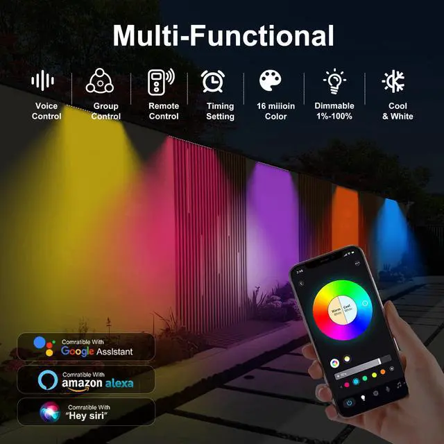 Alt view image 6 of 7 - Smart Wall Washer Light Bar 20in RGBCW Linkable Waterproof LED Light for Indoors/Outdoors with App/Voice Control, 16M Colors, Dimmable, Music Sync, 50 Scene Modes, Timer, AC120V