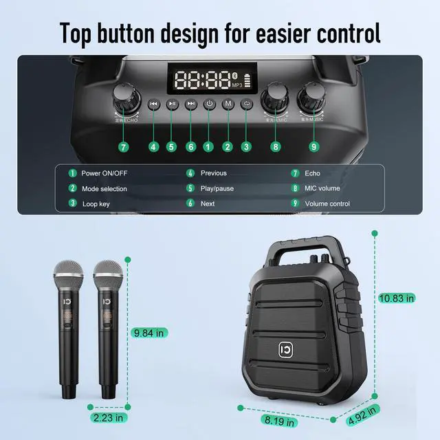 Alt view image 3 of 7 - 100W Powerful Voice Amplifier with 2 Wireless Microphones | Portable Speaker with Microphone, PA System with Sound Effects, Karaoke Machine Support BT/USB/TF Card/Aux/Guitar