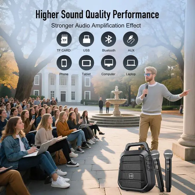 Alt view image 6 of 7 - 100W Powerful Voice Amplifier with 2 Wireless Microphones | Portable Speaker with Microphone, PA System with Sound Effects, Karaoke Machine Support BT/USB/TF Card/Aux/Guitar